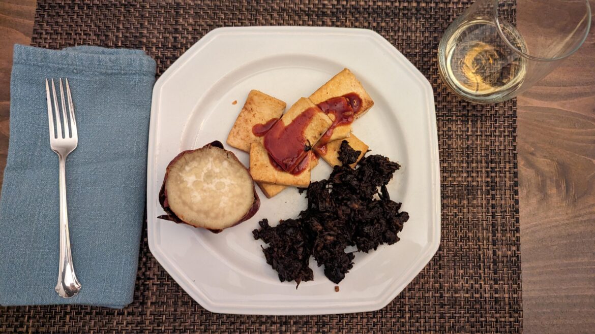 Rosh Hashanah mushroom & marmite brisket with chipotle garlic tofu and a Japanese sweet potato