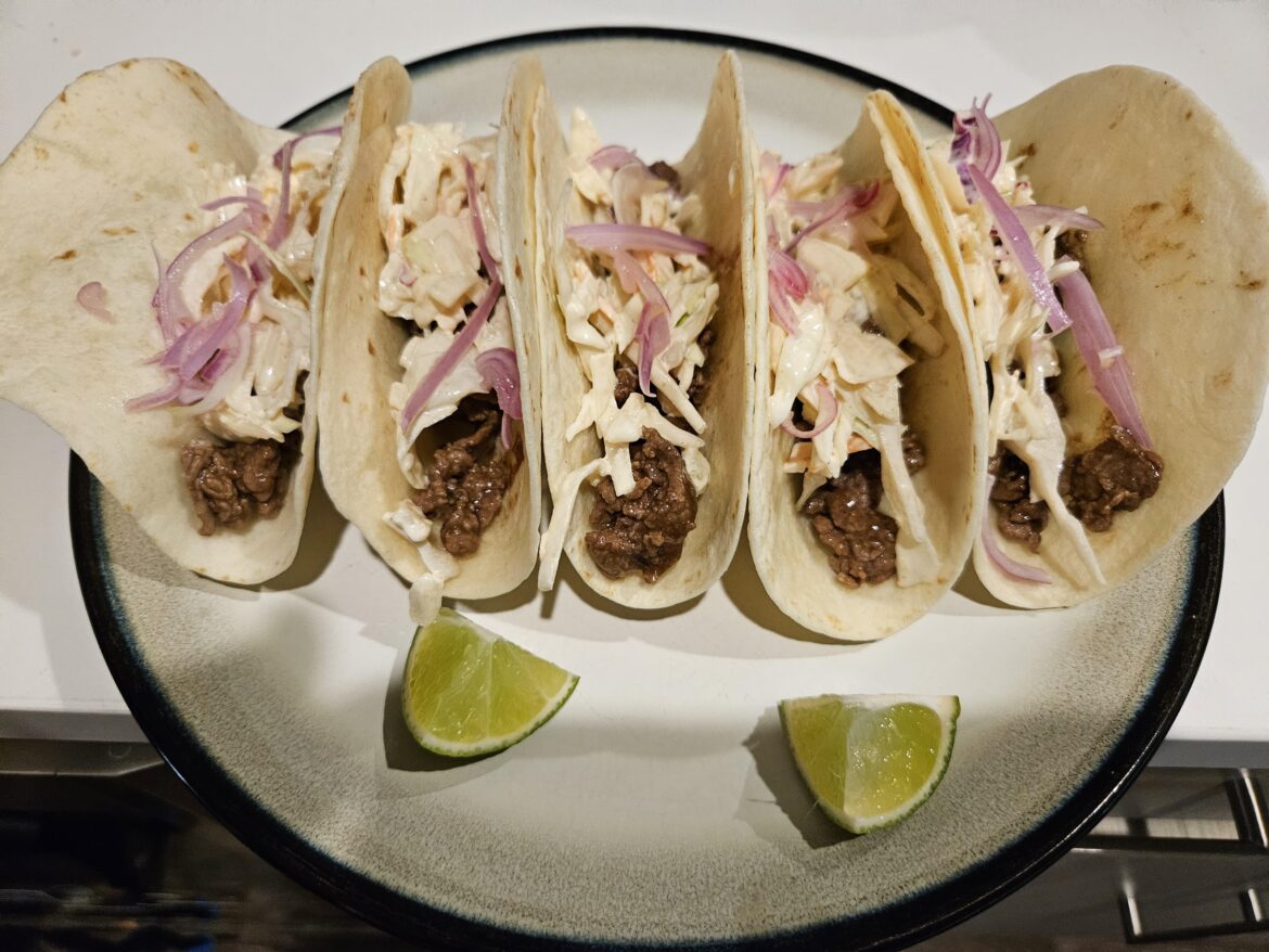 'Japanese' Steak Tacos w/Pickled Shallot and Lime Cole Slaw