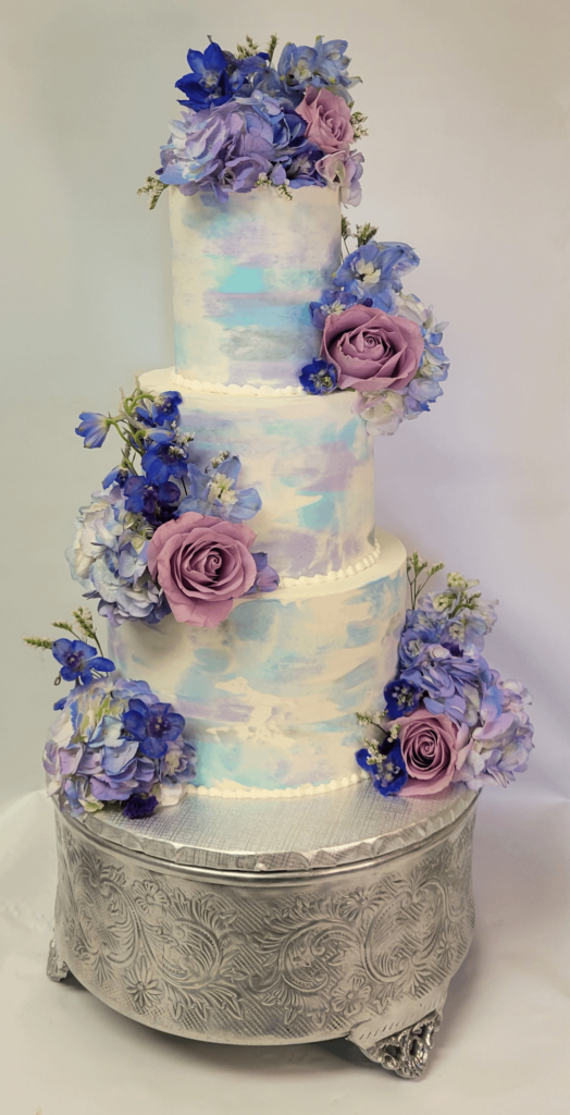 Lilac and sky blue wedding cake
