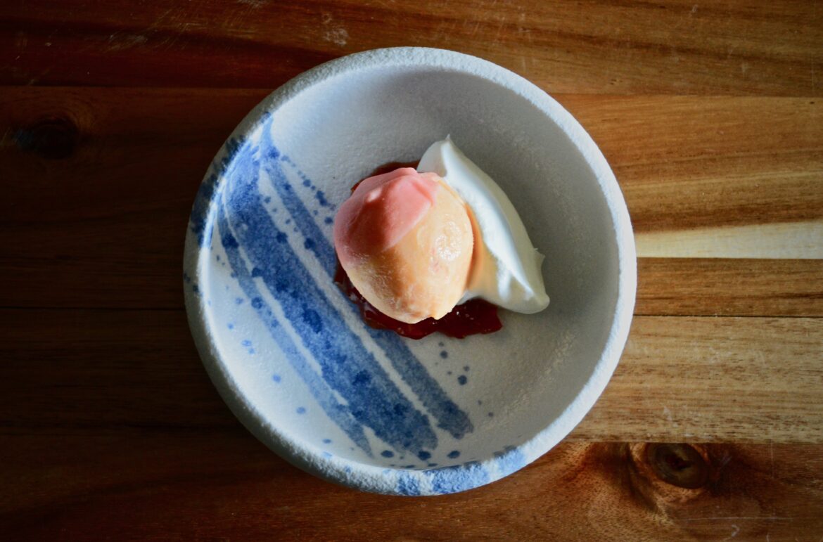 Fermented Peach Ice Cream, Strawberry & Peach "Magic Shell", Peach Jam, Whipped Creme Fraiche
