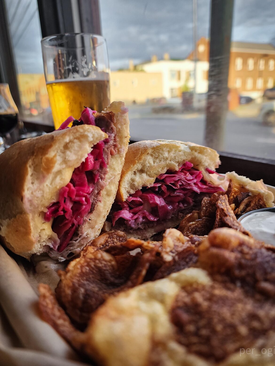 Sauerbraten sandwich - Roast Beef, house-made brown Gravy, melted Dill Havarti, Horseradish Mayo, Pickled Red Cabbage