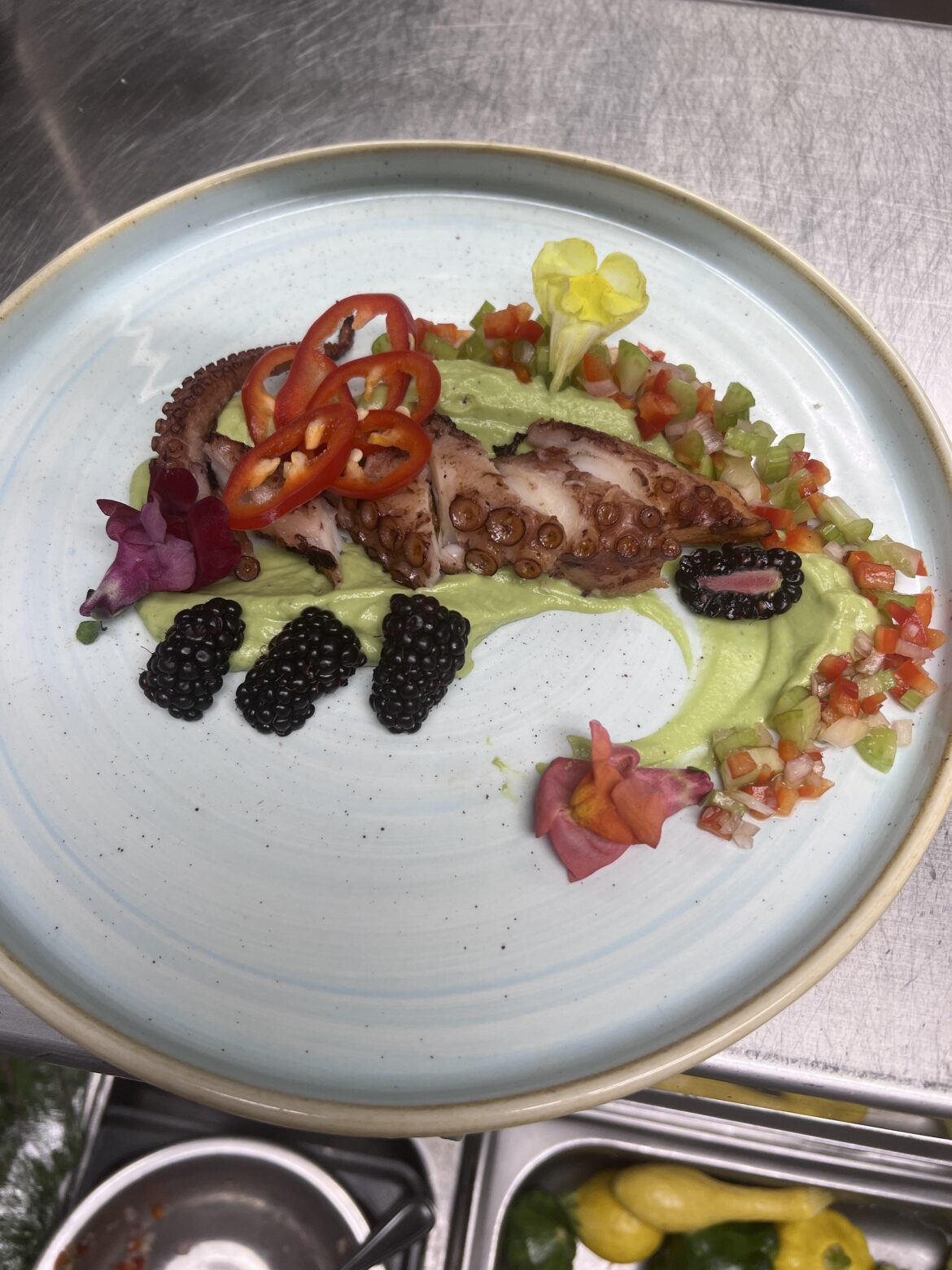 Grilled octopus, Fresno chili, avocado mousse, pickled trinity, blackberries and snapdragons