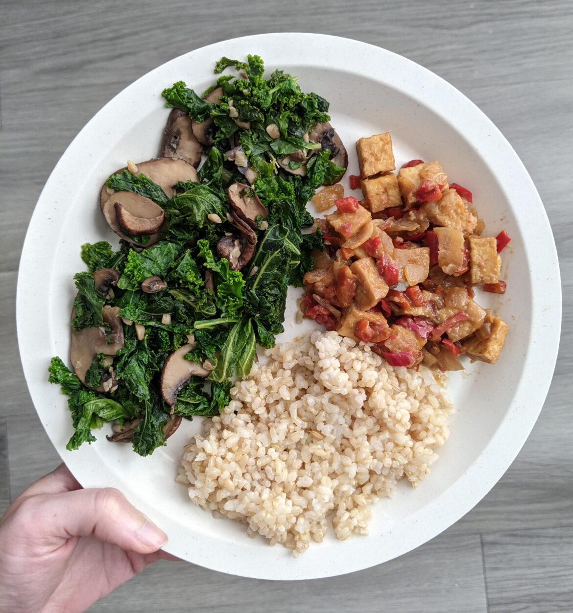 Recent dinner: hoisin-mustard tofu, garlicky kale, and brown rice