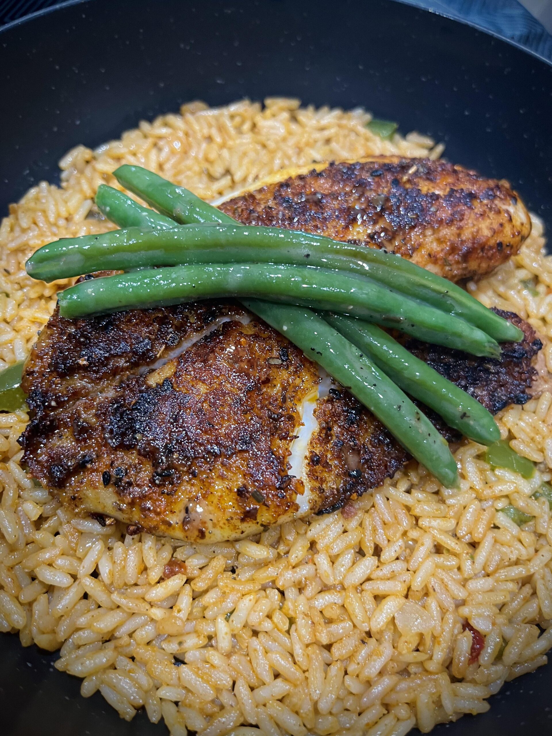 [homemade] blackened tilapia w/ andouille sausage jambalaya & sautéed