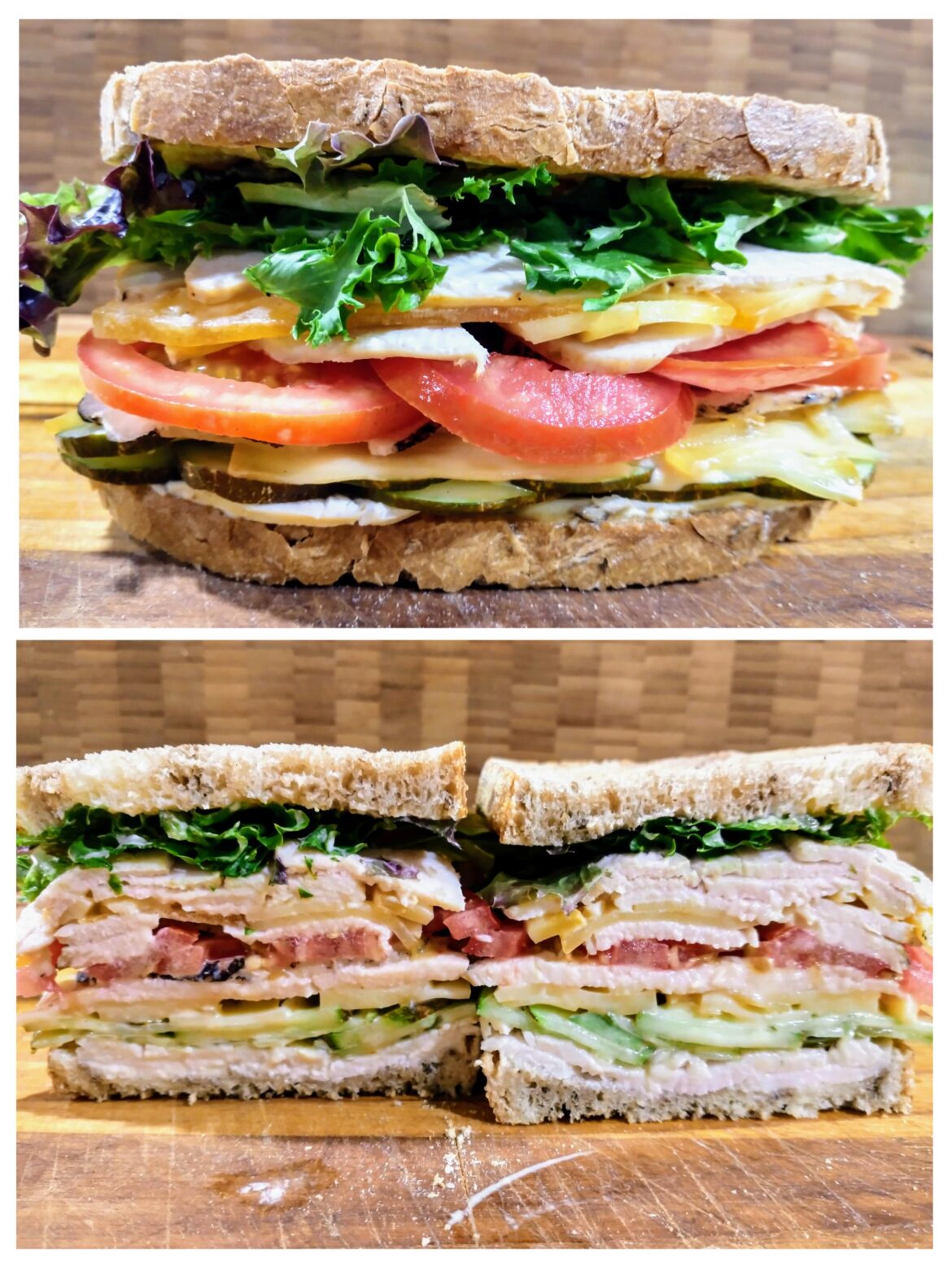 Chicken & Turkey Deli Style Sandwich (homemade) - Flame Grilled Chicken, Roasted Turkey, Emmental Cheese, Gruyère Cheese, Spicy Mayo, Honey Mustard, Tomato, Cucumber, and Mixed Greens on Rye Bread.
