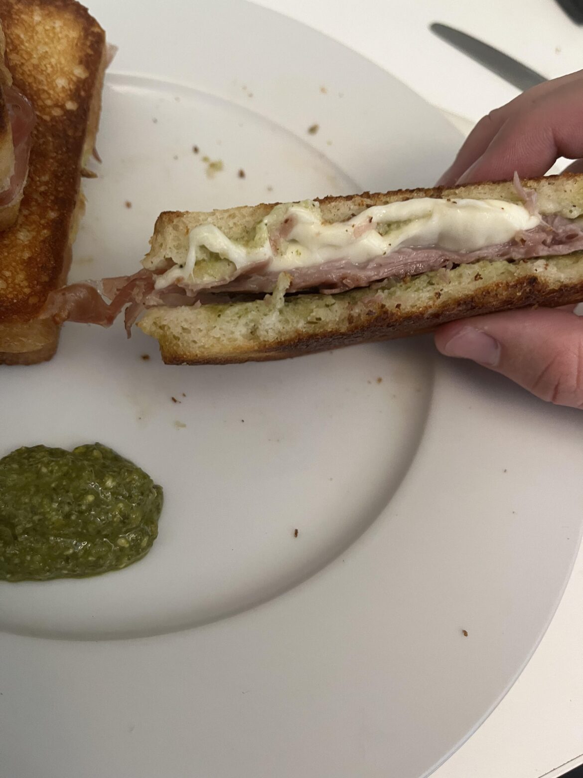 Grilled prosciutto, mozzarella, and pesto sandwich, simple but incredibly delicious