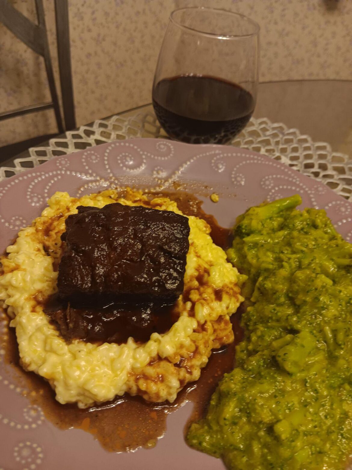 Red wine braised short rib with saffron risotto and cheesy broccoli