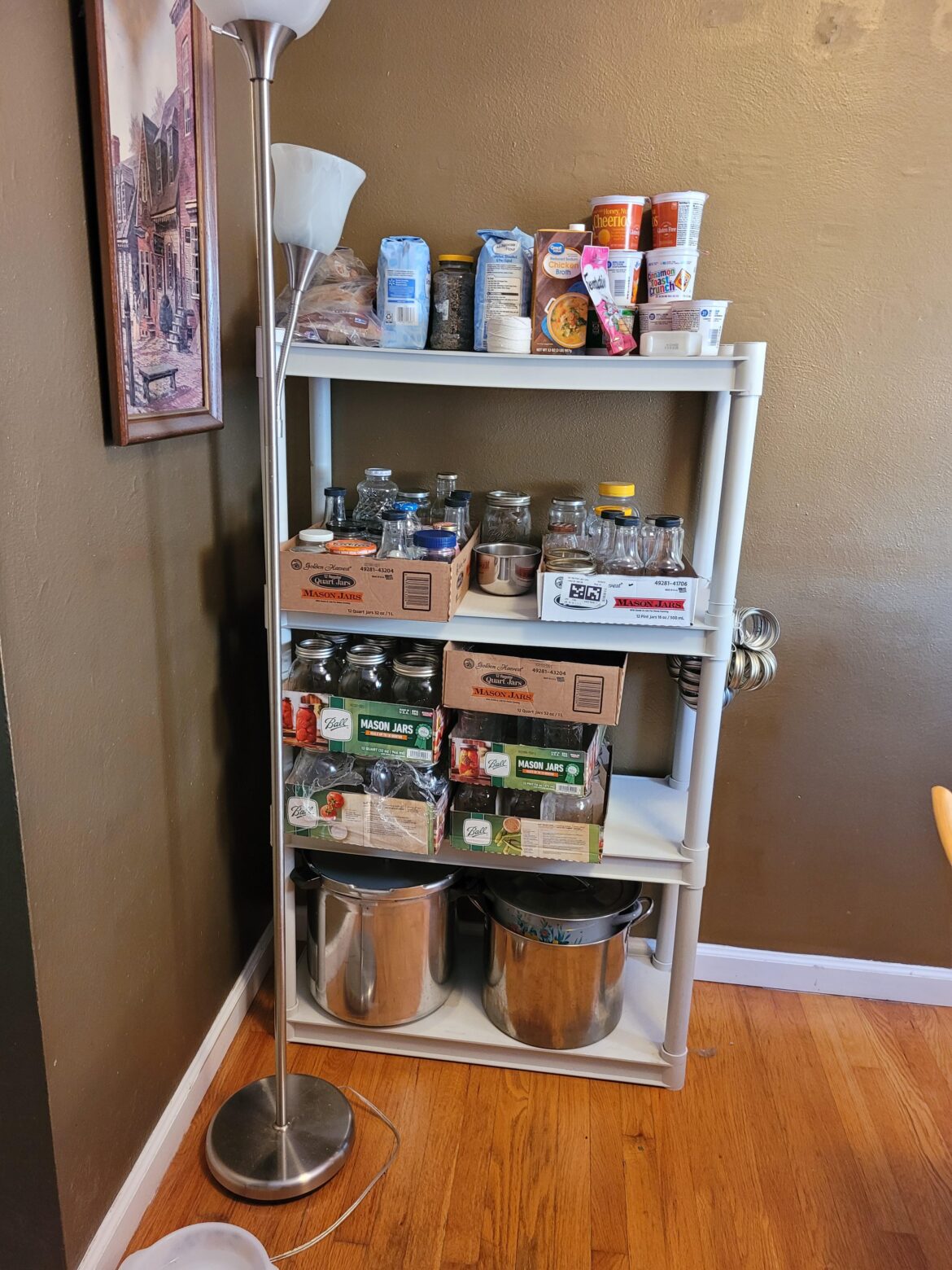 I set up an old shelf from my basement in my dining room for my canning equipment.