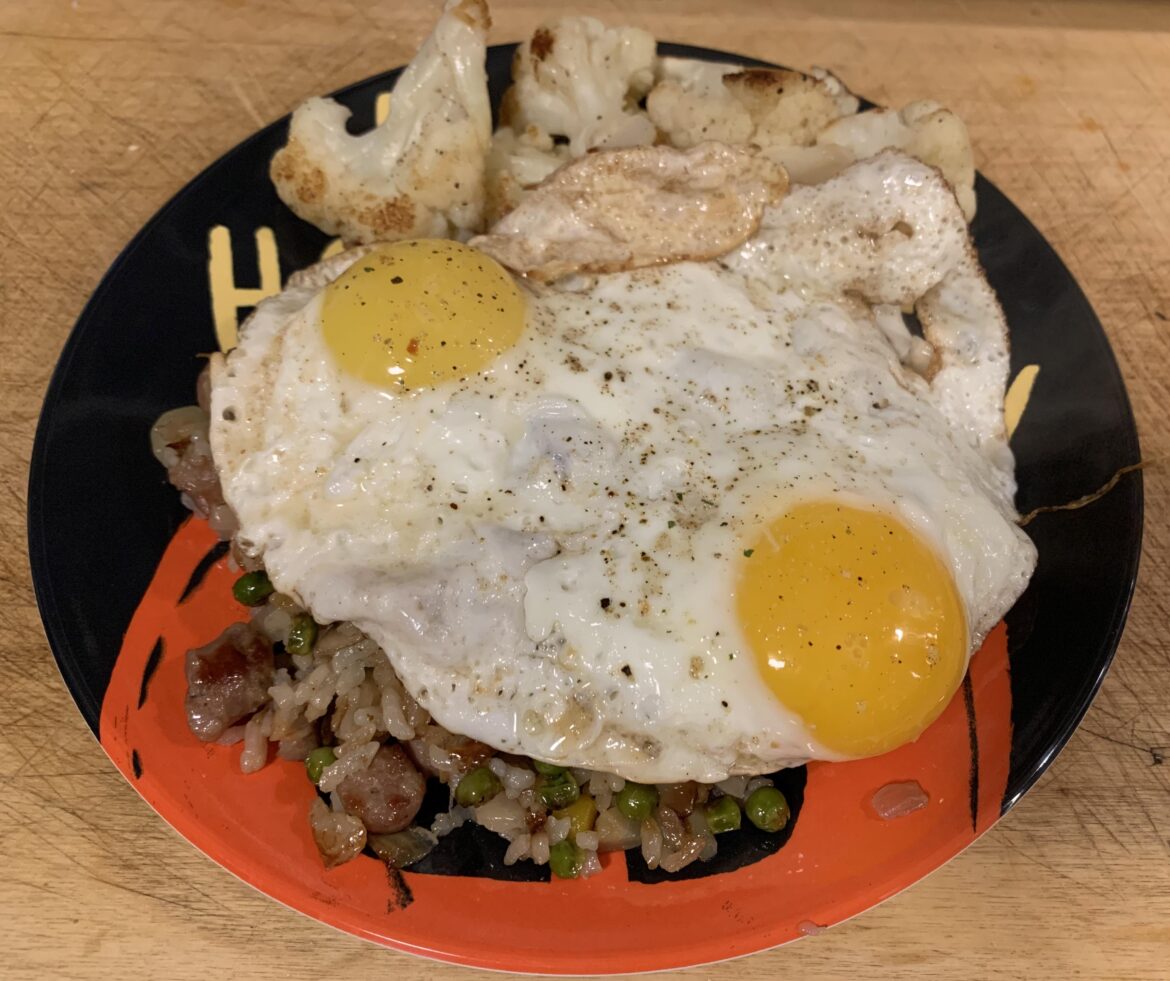 Friday night sausage fried rice with eggs and cauliflower