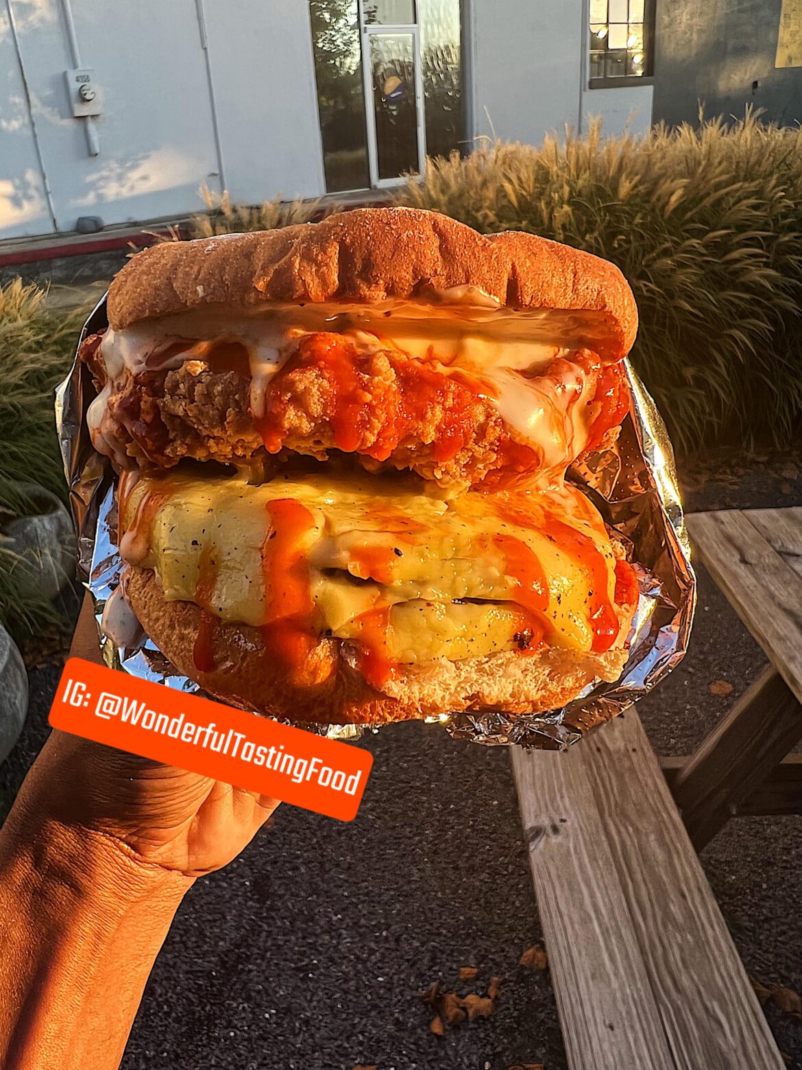 WTF!’s “Wanzamp Burger” - 1/4lb burger patty topped with smoked gouda cheez, fried unchikn patty, buffalo sauce, and ranch 😮‍💨