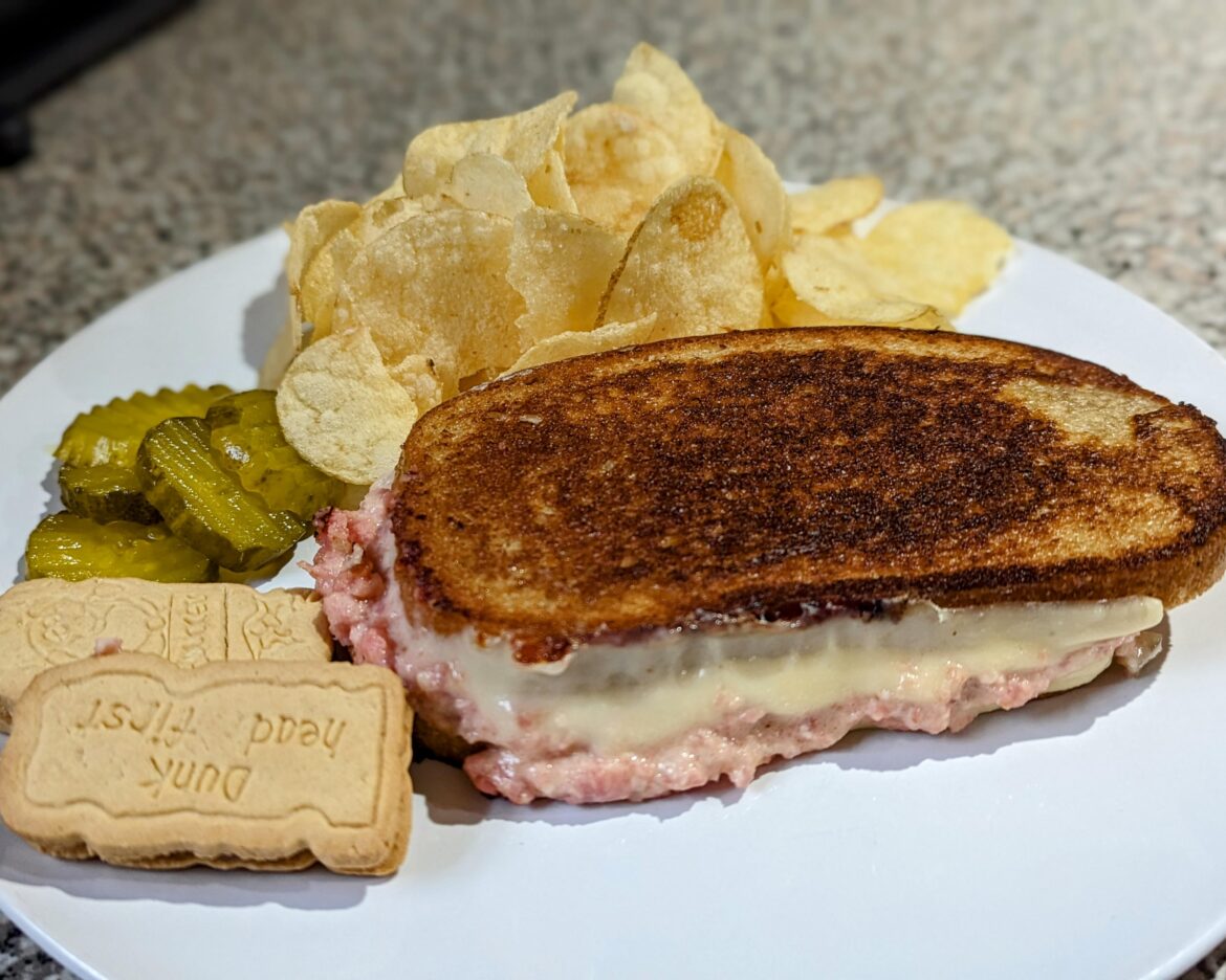 Tonight's Dinner - Sandwich Spread Melt, chips, pickles and cookies