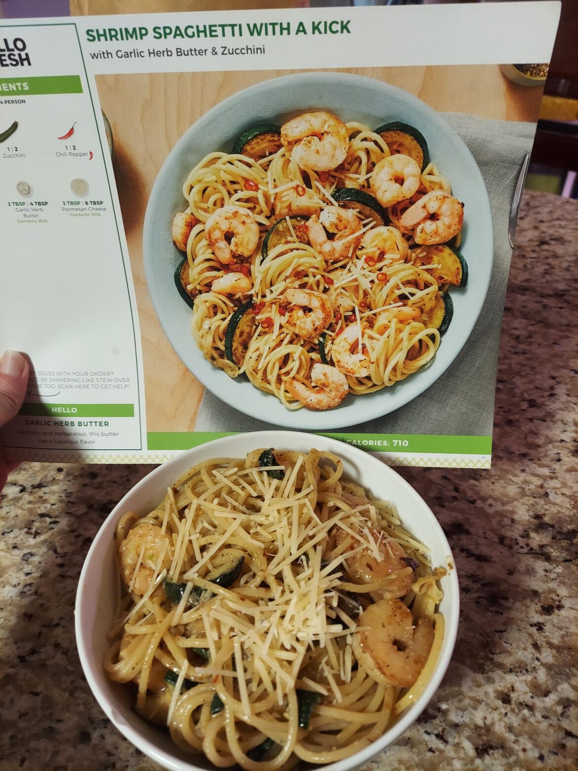 Shrimp spaghetti with a kick, very tasty but added red pepper flakes for a little more kick