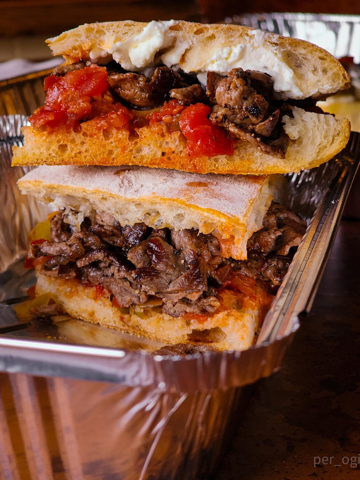 Ribeye Sammie w/ spicy tomato /wax pepper relish, and ricotta