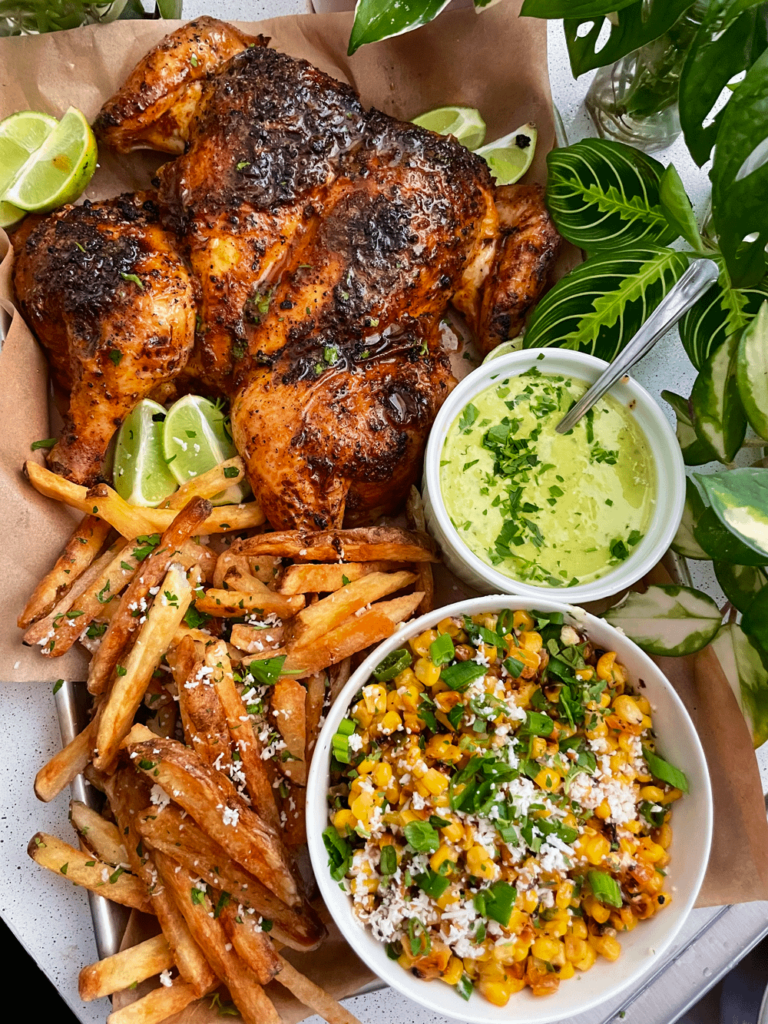 Kenji's Peruvian style chicken w/ aji verde and esquites, a frequent dinner request from the family