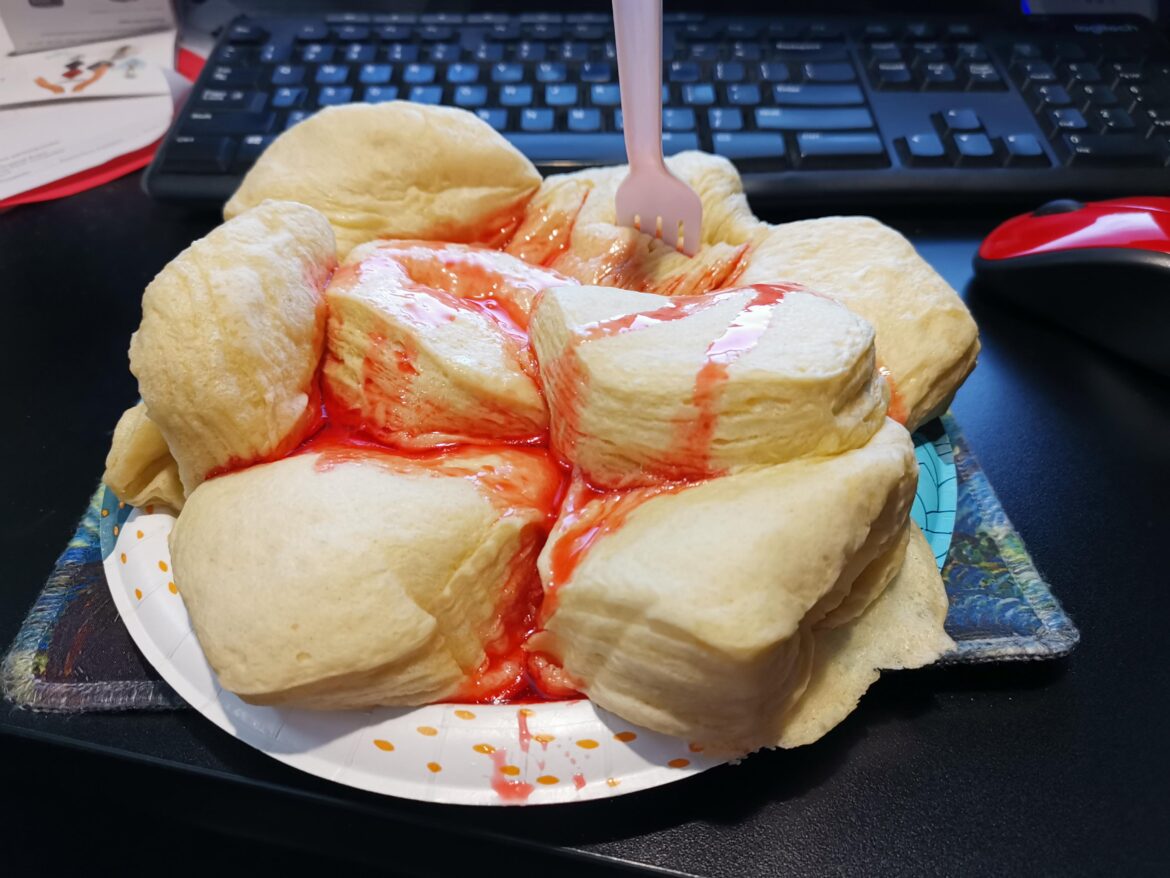 Microwaved biscuits with Fruity Pebbles syrup.