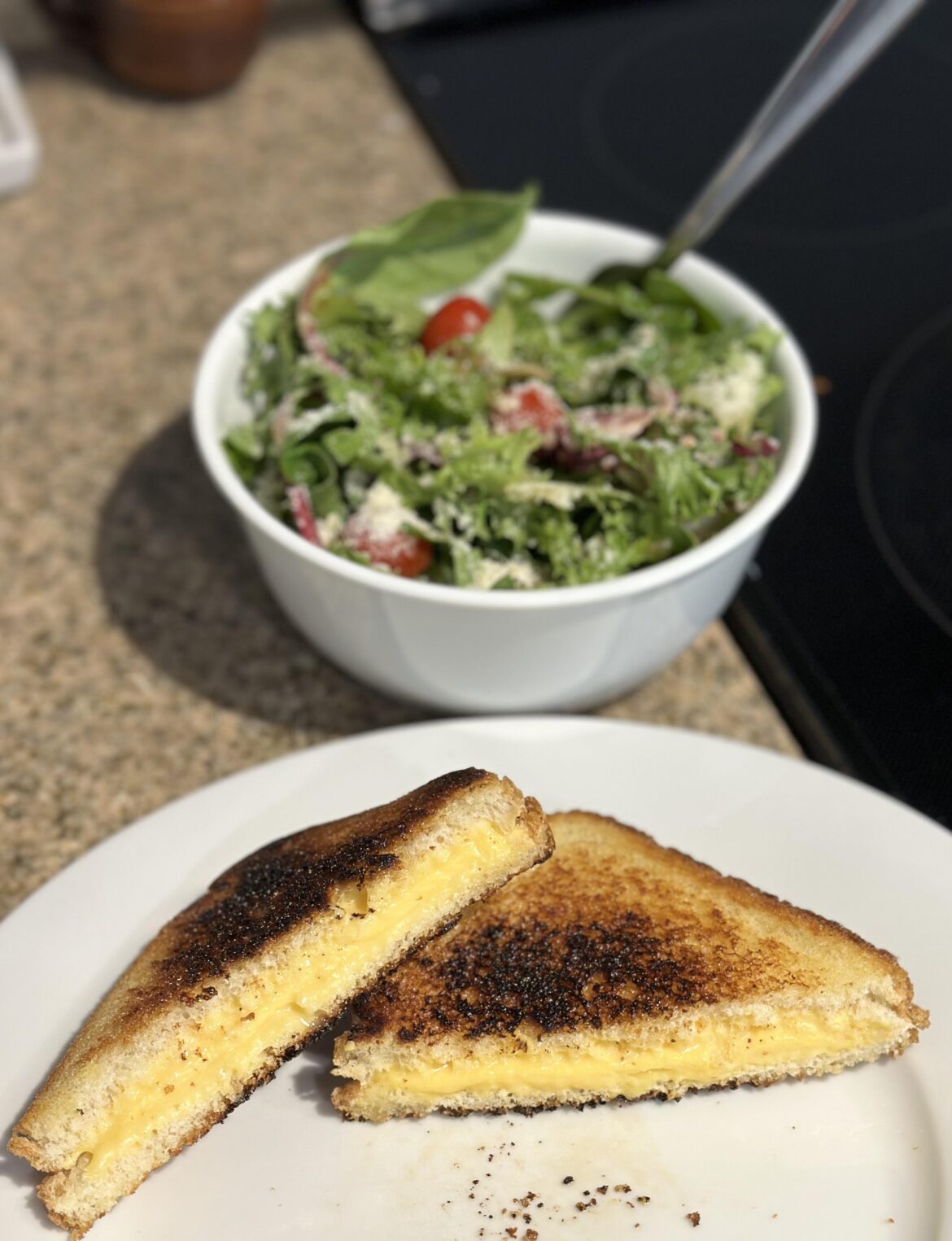Sick, but still made myself a nice lunch: grilled cheese sandwich and a salad