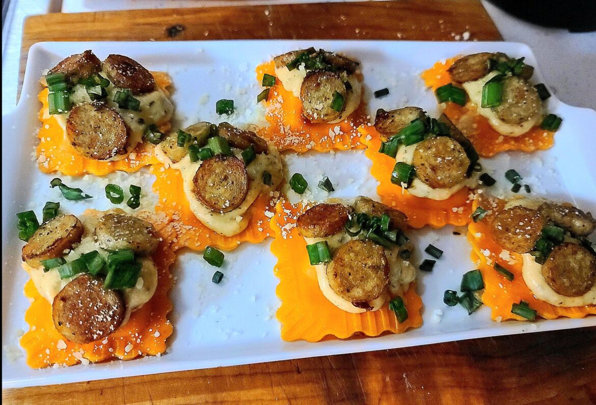 Butternut Squash Ravioli, Chicken Sausage, Garlic Parm Potato Puree