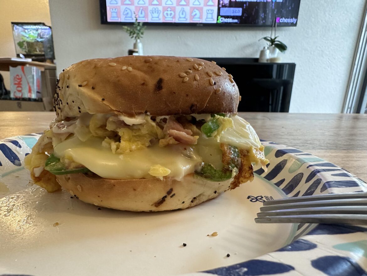 Bagel, egg, ham, cheese, jalapeño