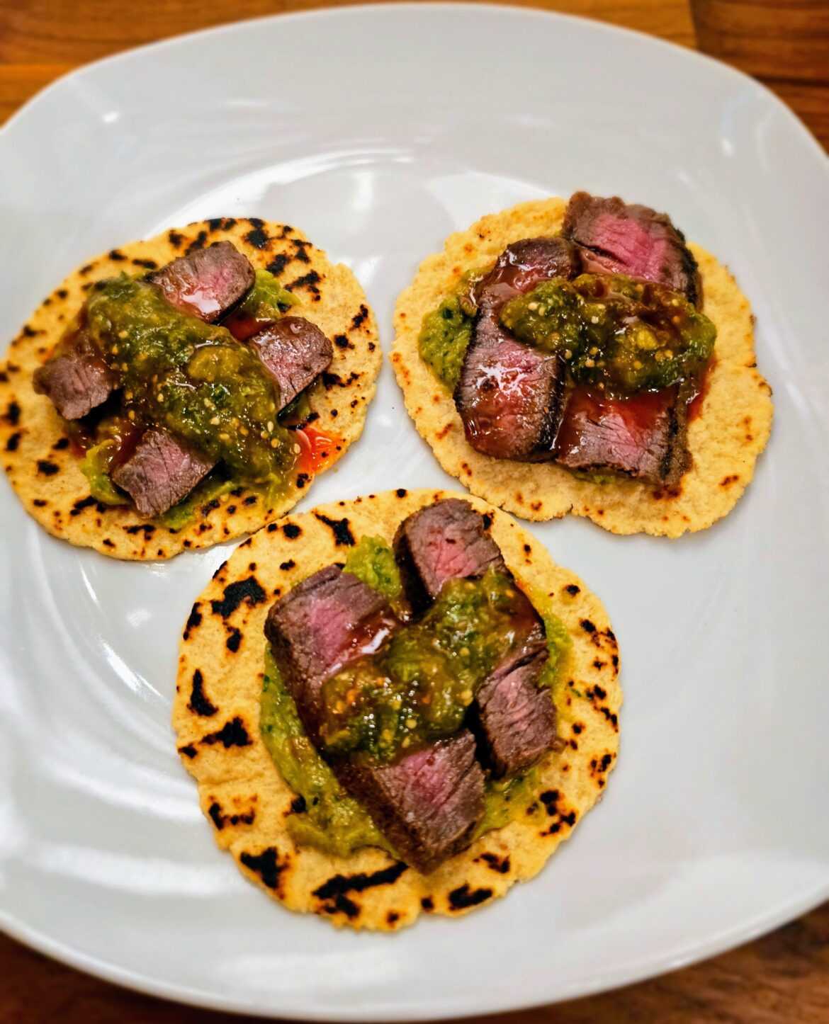 Homemade Carne Asada Tacos with Salsa Verde and Guac in White Lupin Tortillas
