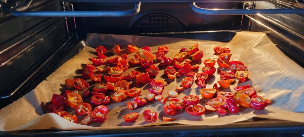 Oven dried california reapers, Trinidad scorpions and some Thai chillies