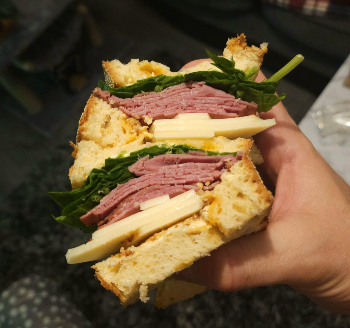 Pastrami, edam, spinach, wholegrain mustard, on a cheddar sourdough.