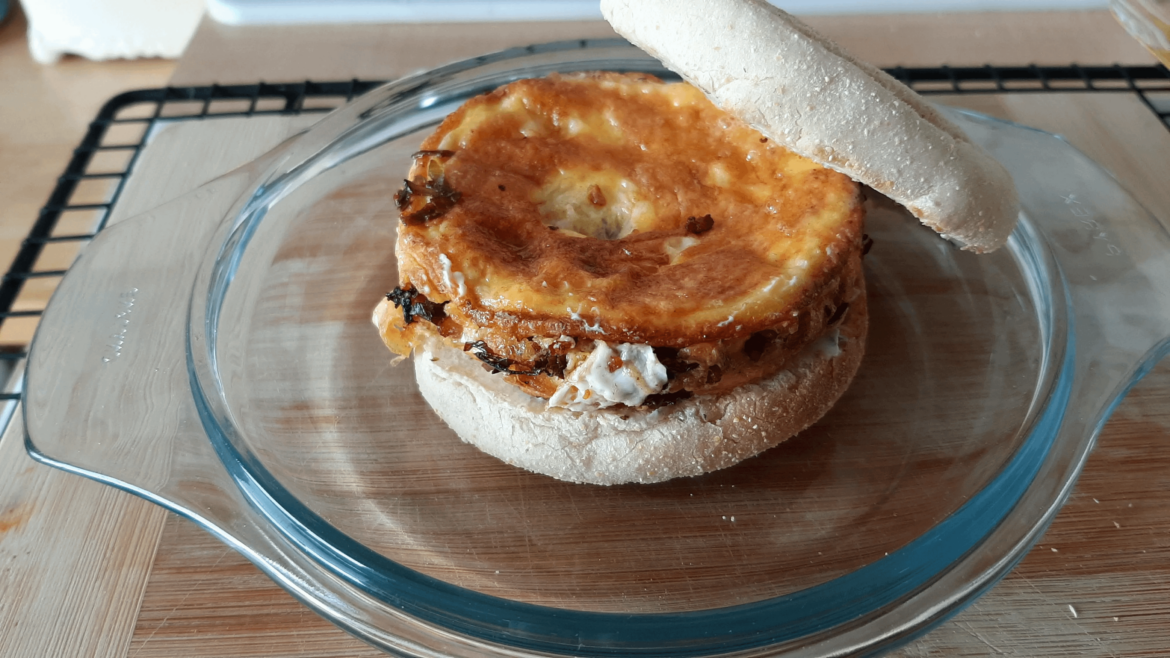 Breakfast on the go: Omelet on an English muffin