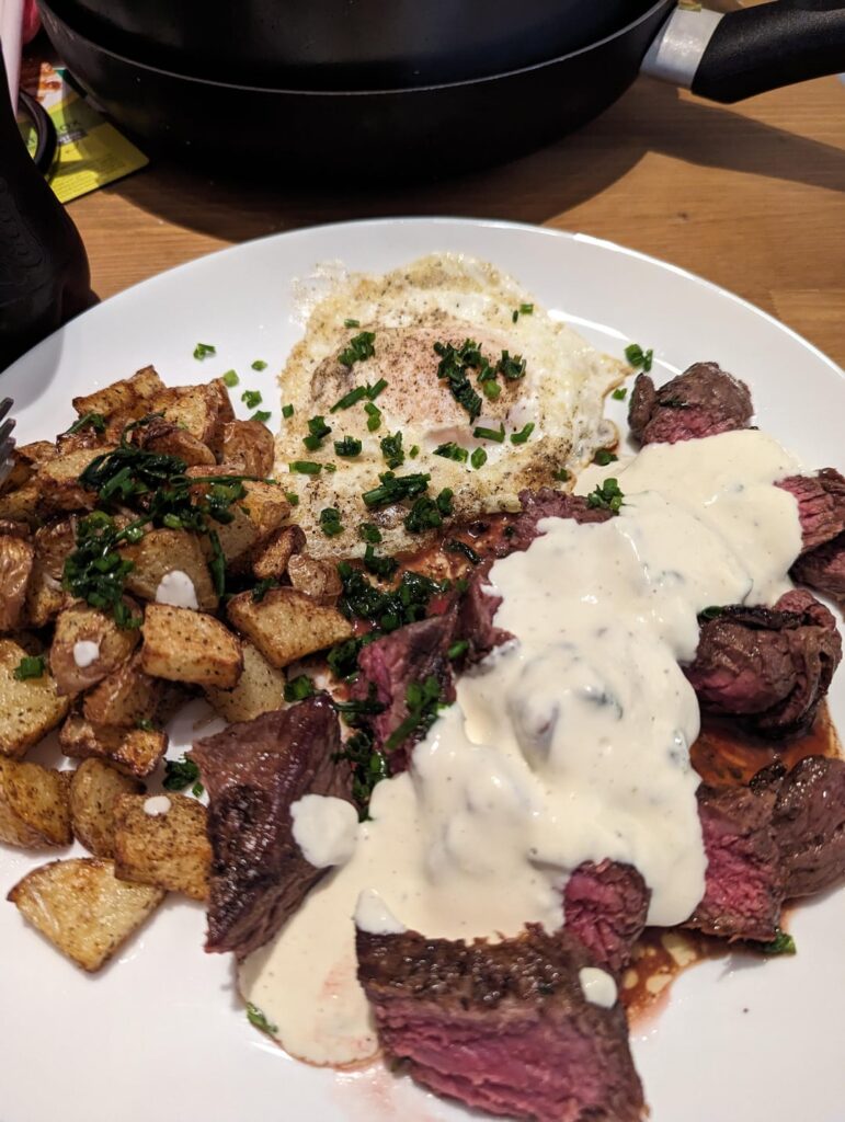 Garlic butter-basted steak and egg