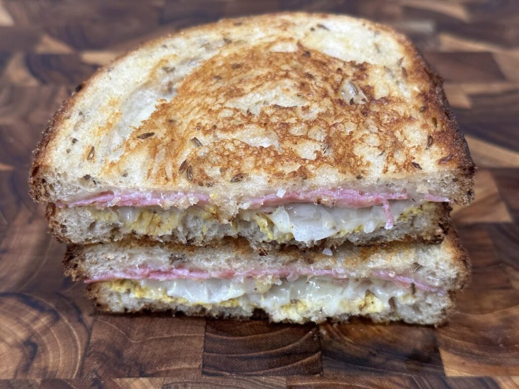 salami, swiss, onion and spicy brown on rye