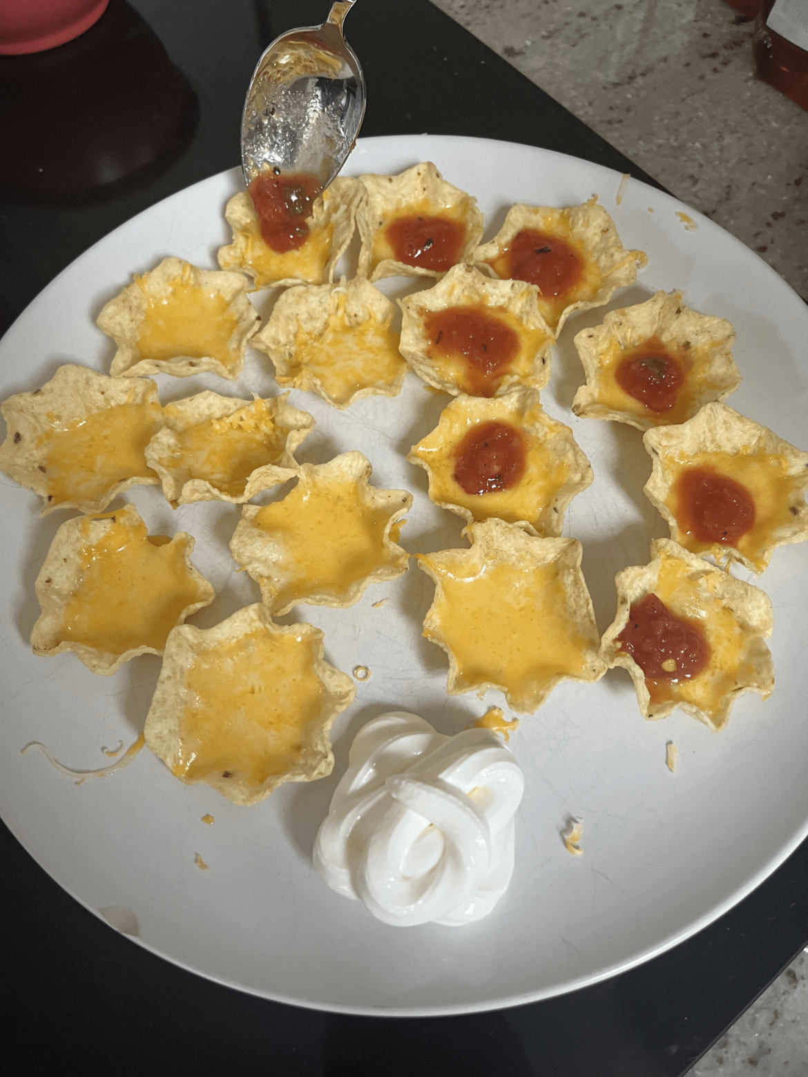 I present you the microwaved cheesed chip with salsa