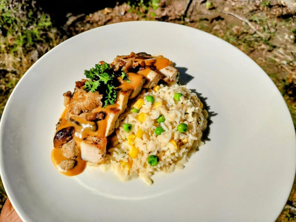 1.Smoked pork chop allemande sauce with corn n pea risotto/ 2. Seared swordfish filet n sauteed swish char red with fish Albert sauce