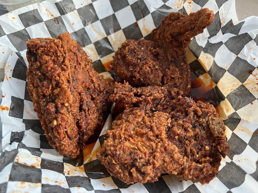 Pecking House (Tuk Tuk x Turntable) - 3pc chili fried chicken $17, butter bean salad $8, dirty fried rice $8