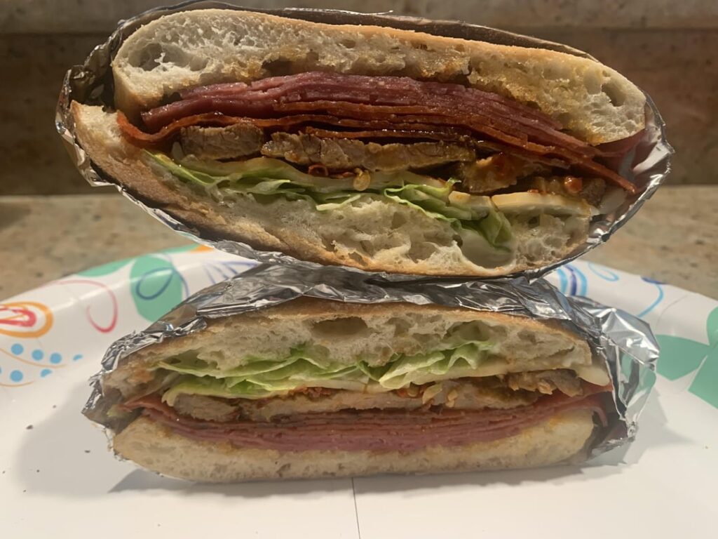 Grilled pepperoni, salami, steak, provolone, lettuce, mayo, frank’s red hot and crushed red pepper