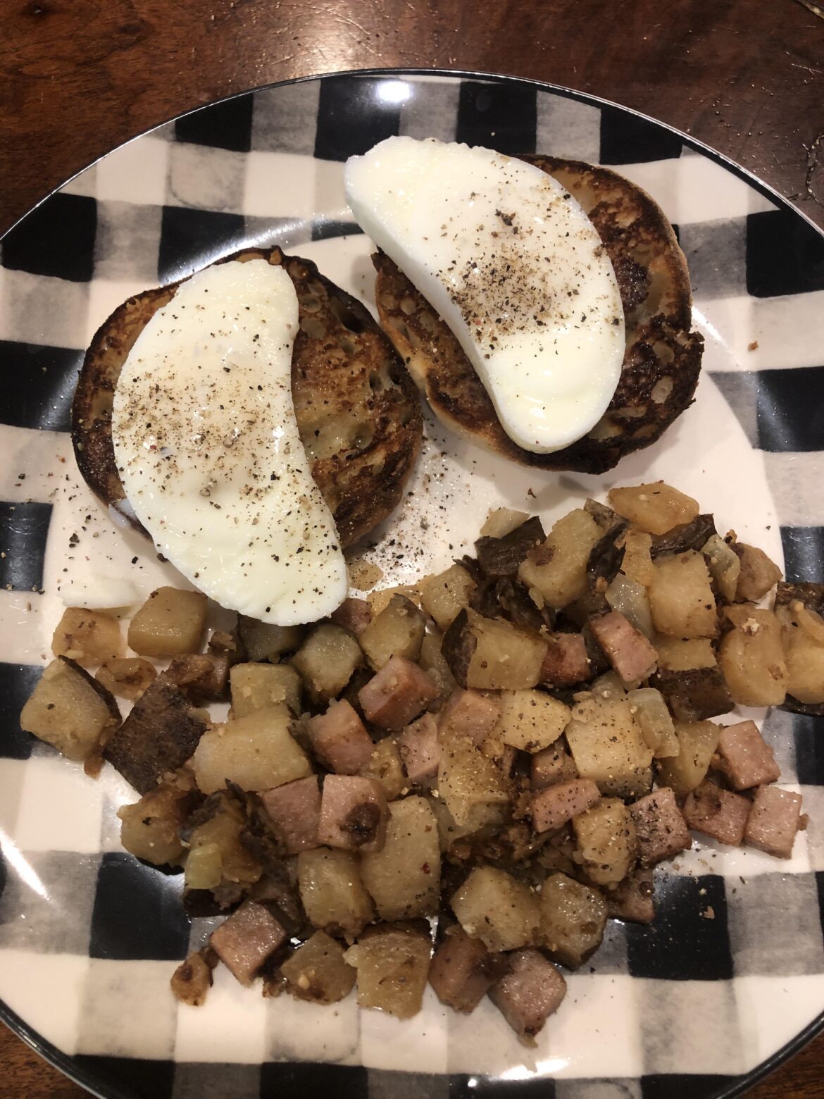 Poached on Bays English. Taters w/Spam Sauté