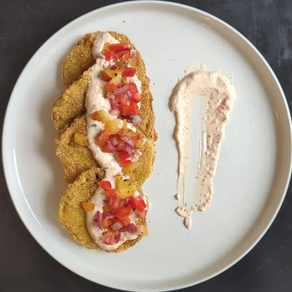 Fried green tomato, pickled onion and roasted pepper salsa, chipotle ranch Fried green tomato, pickled onion and roasted pepper salsa, chipotle ranch