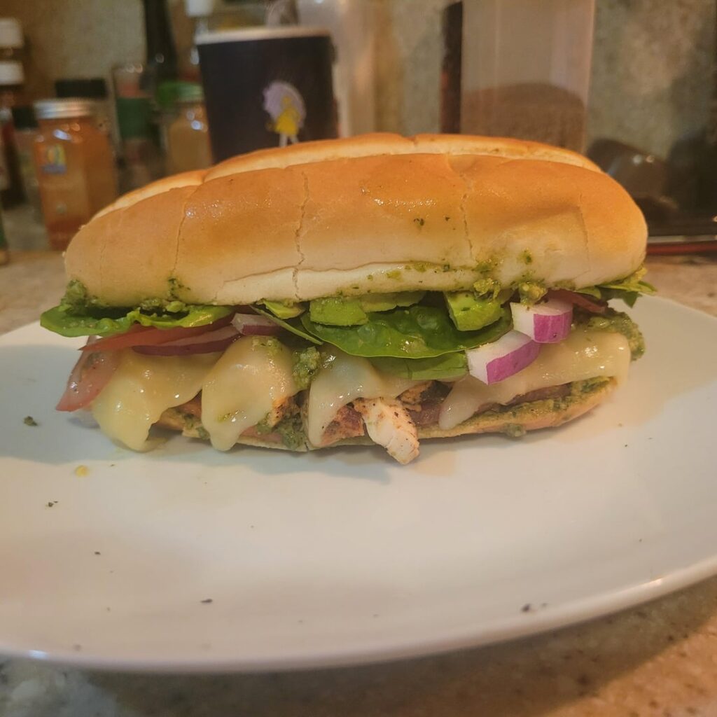 Homemade jalapeno pesto, grilled Dijon chicken breast, swiss, bacon, avocado Homemade jalapeno pesto, grilled Dijon chicken breast, swiss, bacon, avocado