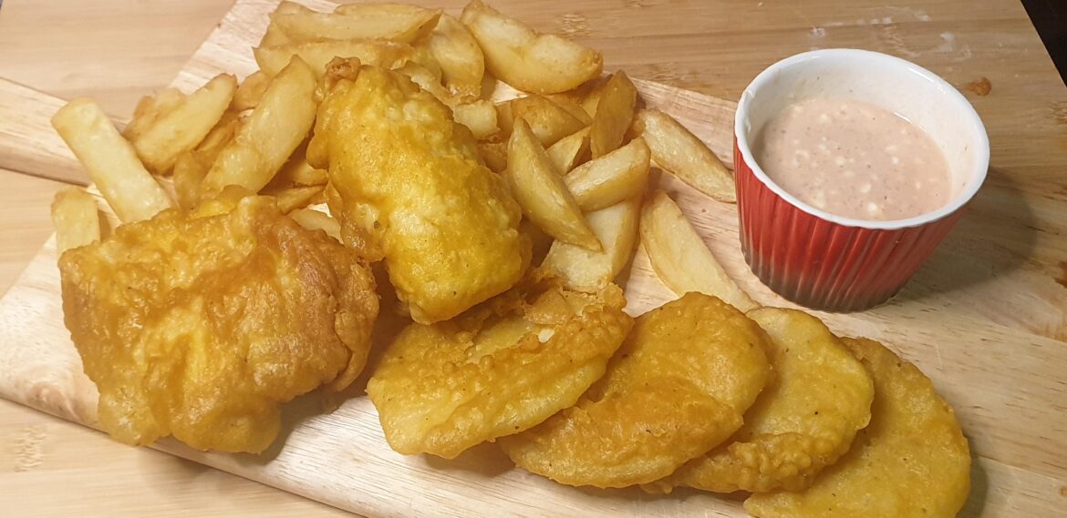 Home Made Fish, Triple Cooked Chips and Potato Cakes