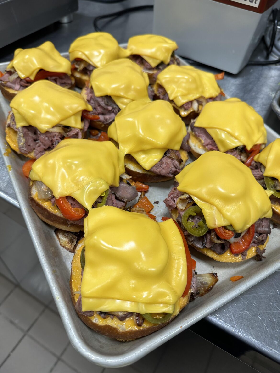 Roast beef, American cheese, jalapeños, roasted peppers, caramelized onions and chipotle mayo.