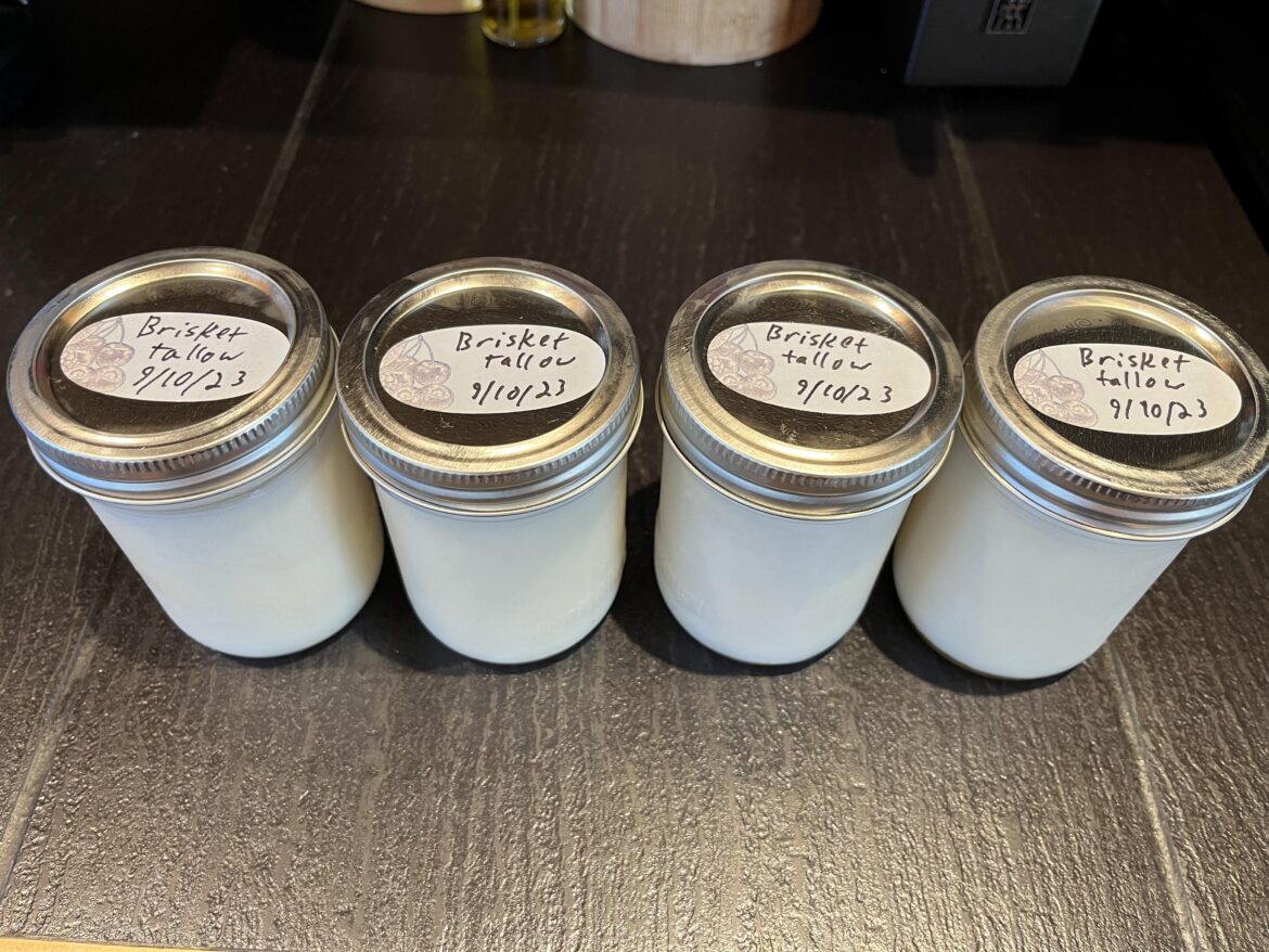 Made my first batch of tallow from the trimmings of two 15lb briskets I smoked for a work lunch.