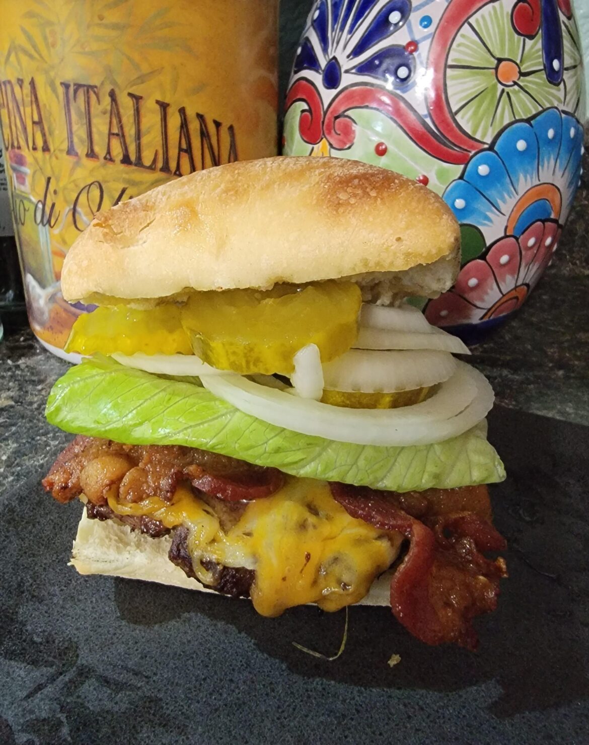 Grilled bacon cheese burger.