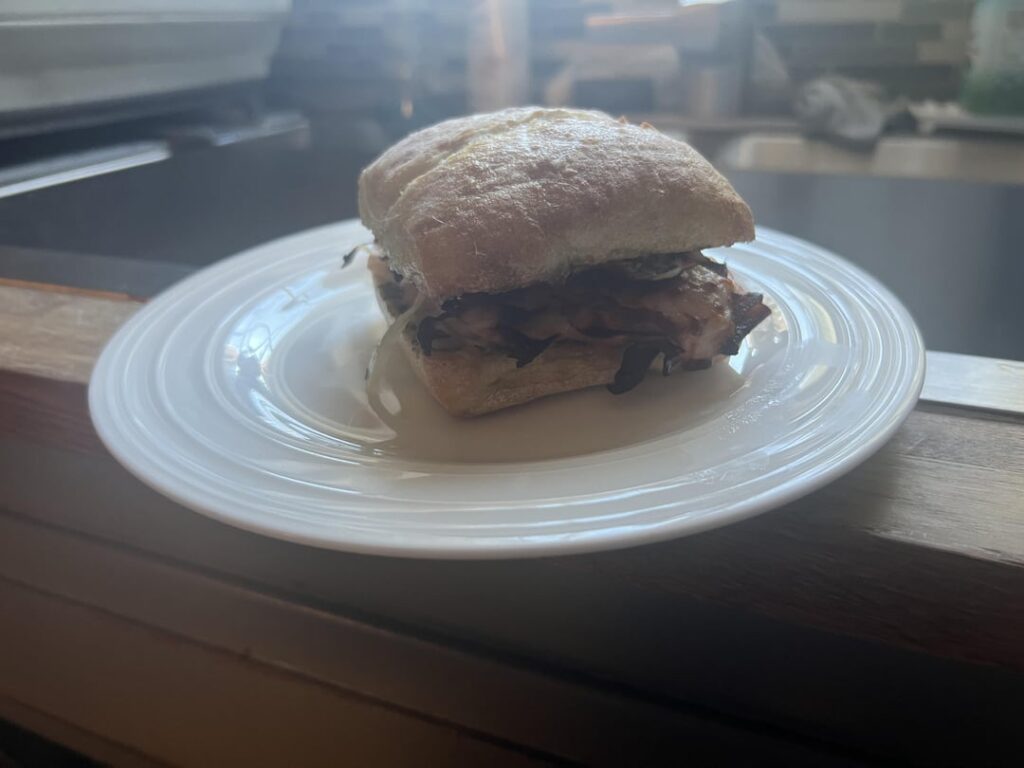 Turkey provolone and pesto on a ciabatta roll like Costco used to have