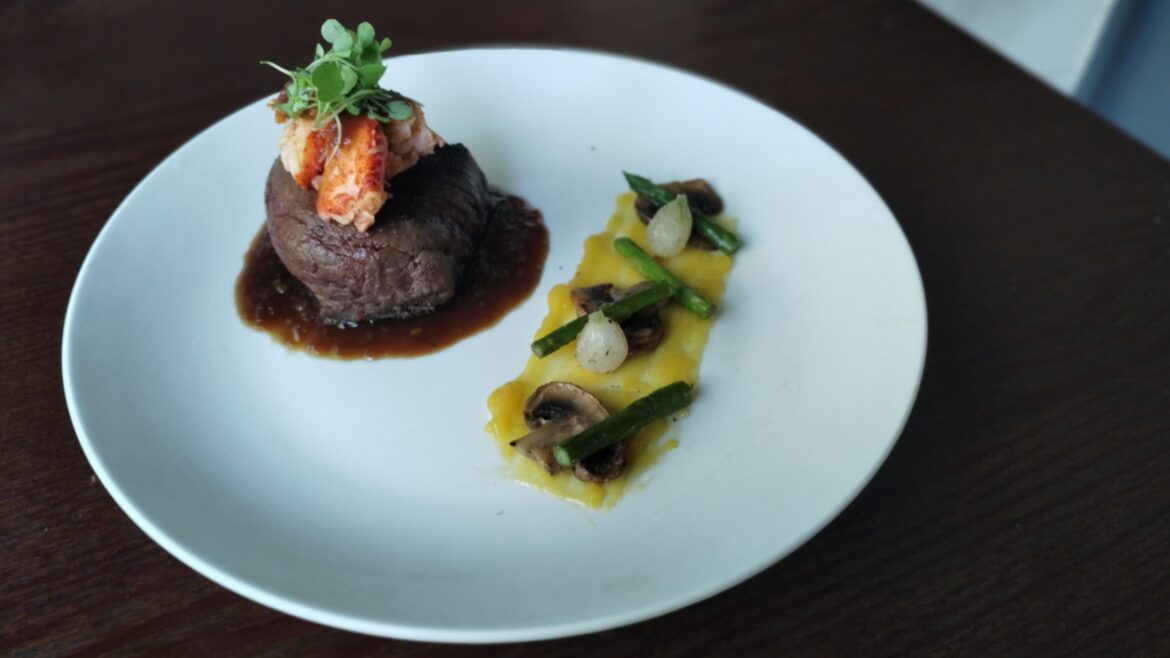 Surf and turf with orange gastrique n garlic soy ajus