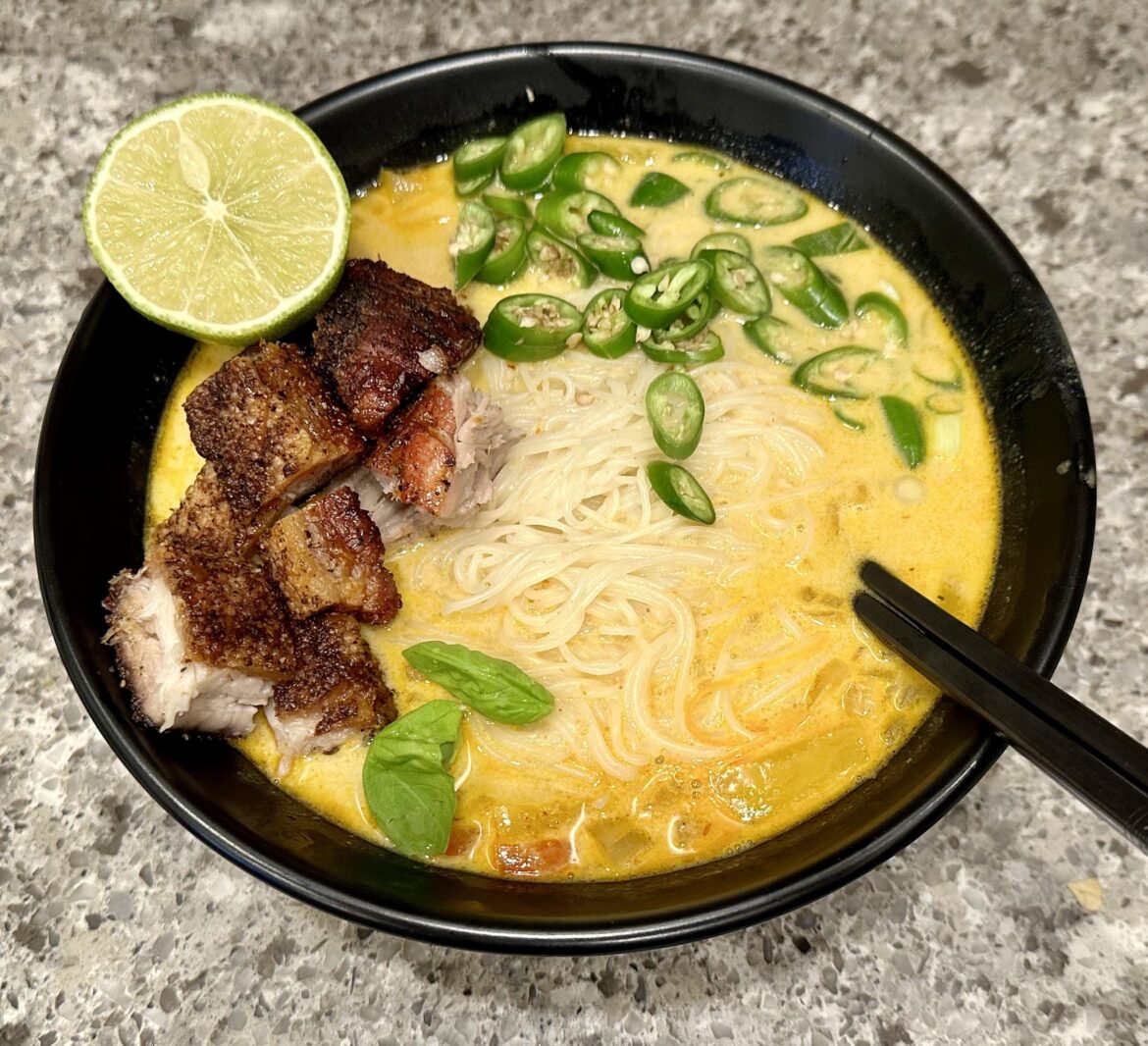 Crispy Pork Belly Yellow Curry noodles