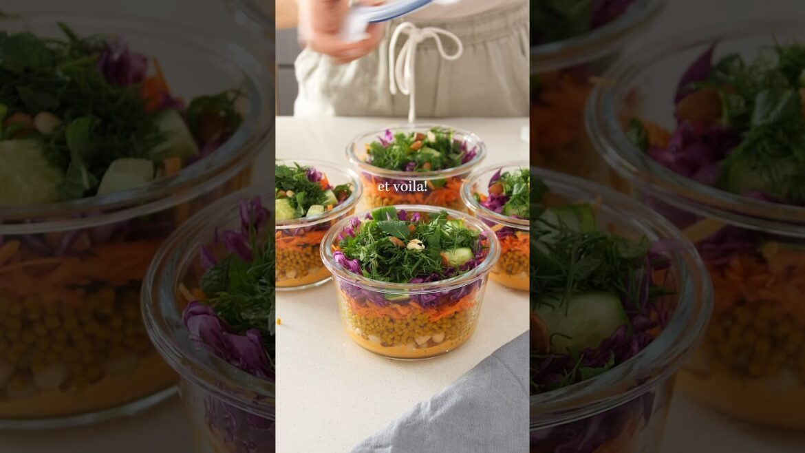 Chickpea, Turmeric Pearl Couscous & Creamy Harissa Salad (meal prep) #plantbasedrecipes