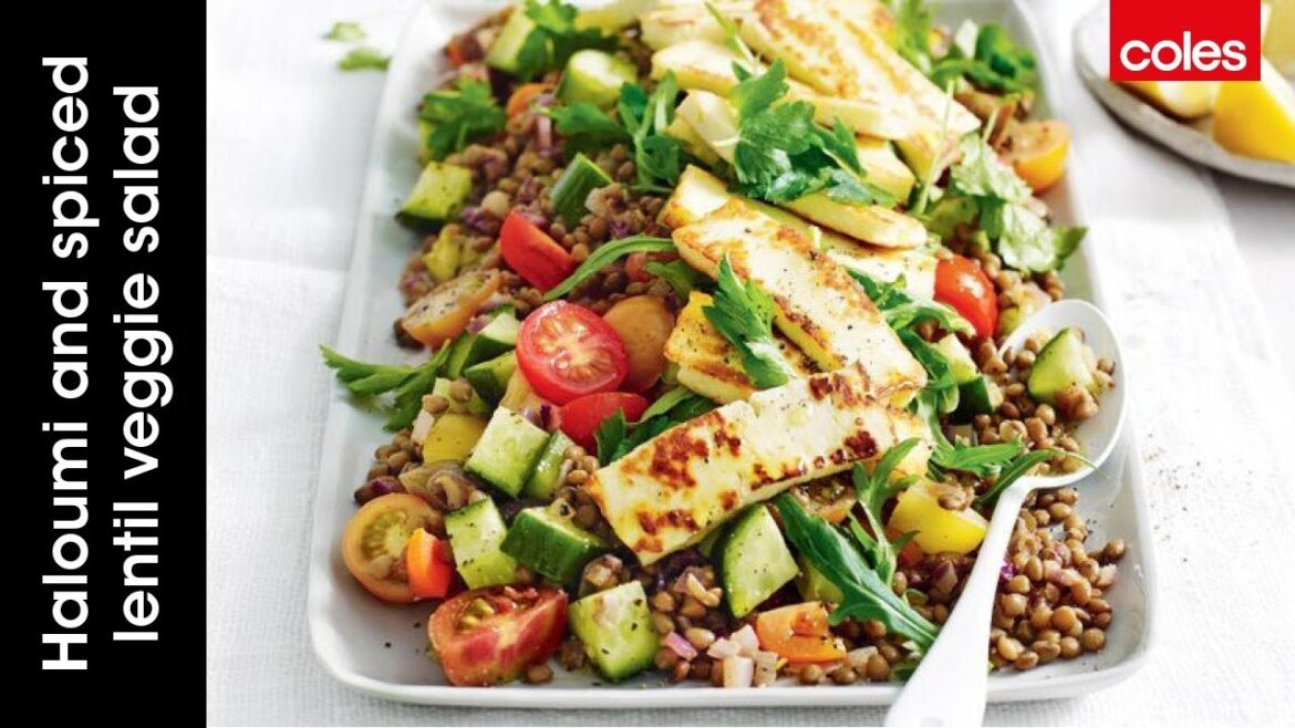 Haloumi and spiced lentil veggie salad