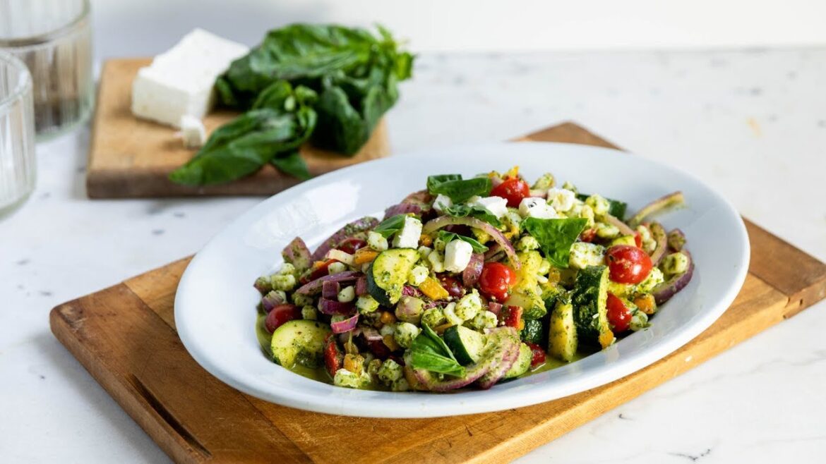 Grilled Zucchini + Onions with Basil Dressing