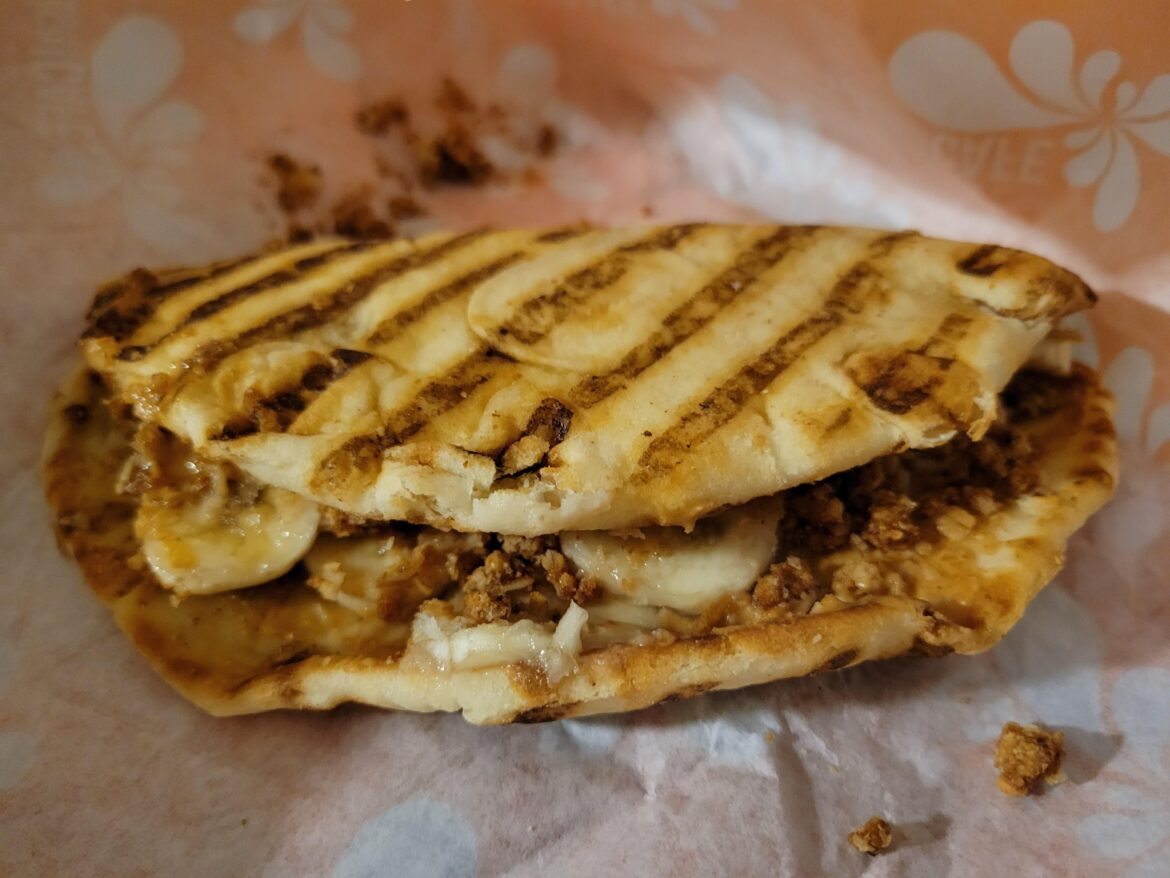 Peanut butter and banana flat bread sandwich