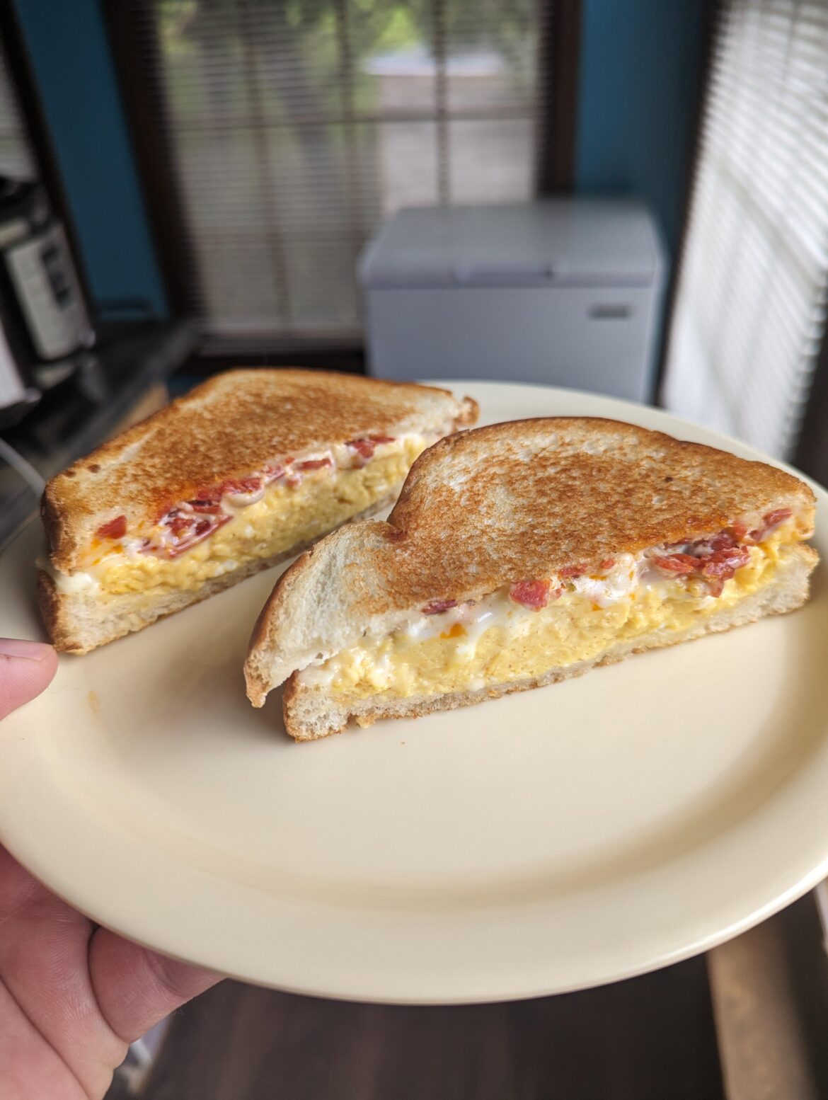 Scrambled egg, diced pepperoni, garden veggie cream cheese, toasted with butter on white bread