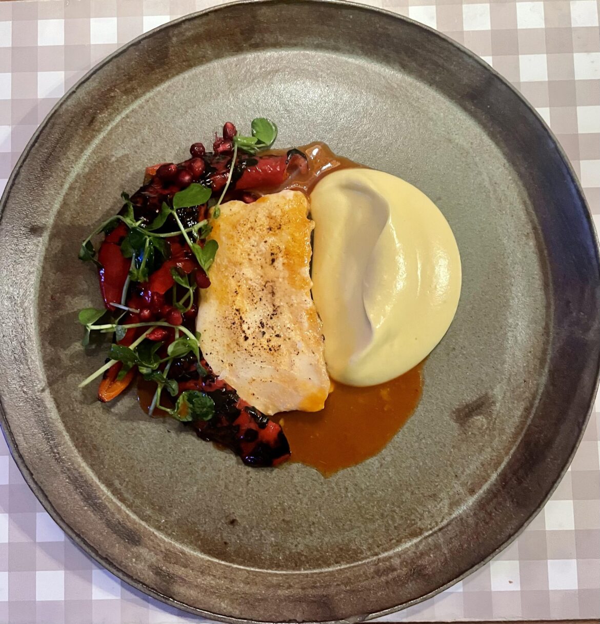 Halibut, Cauliflower, Charred Peppers, Fermented Pepper sauce