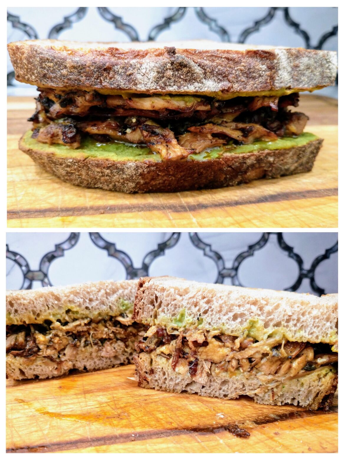 Homemade Shredded Braised Chicken with Basil Hummus on Whole Wheat Sourdough.