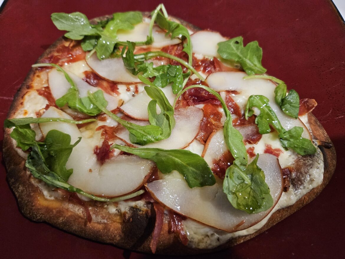Prosciutto & Pear Flatbread w/Crème Fraîche, Honey, Extra Mozzarella